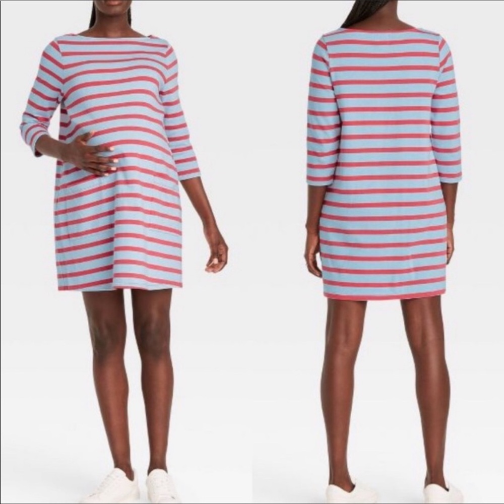 The Nines by Hatch | Cotton 3/4 Sleeve Nautical Stripe Maternity Mini Dress (XS)